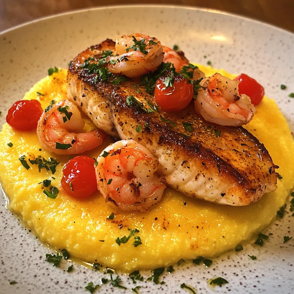 Cremige Garnelen & Polenta mit schwarzgebratenem Forelle