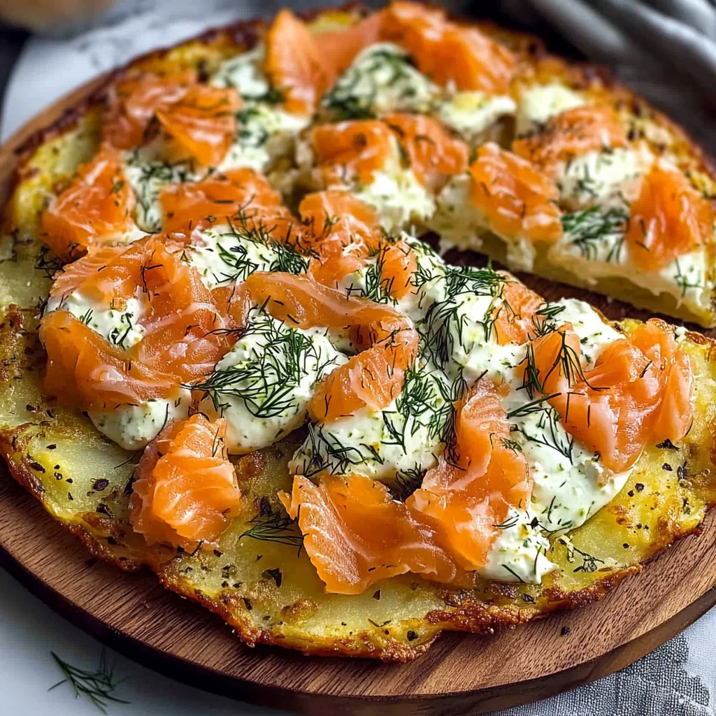 Kartoffelpizza mit geräuchertem Lachs und Kräuterfrischkäse