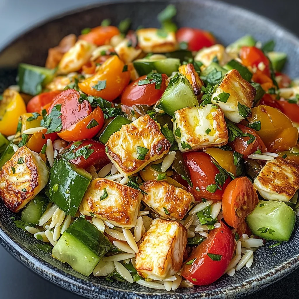 Kritharaki-Salat mit Halloumi-Croutons
